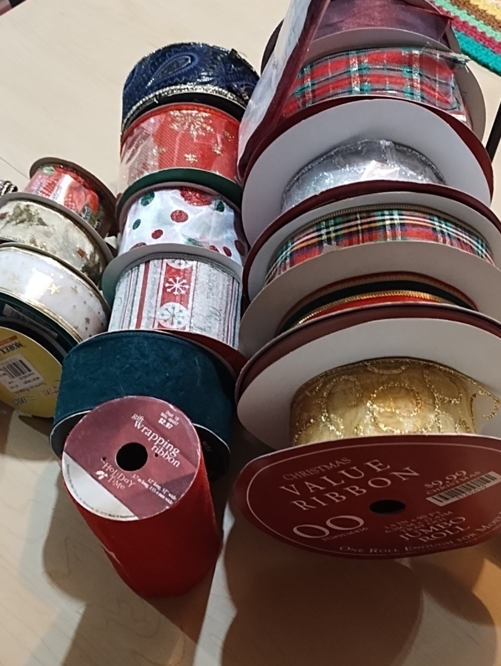 19 Rolls Assorted Holiday Wreath Ribbons - Red, Gold, Green, Plaid Some New.